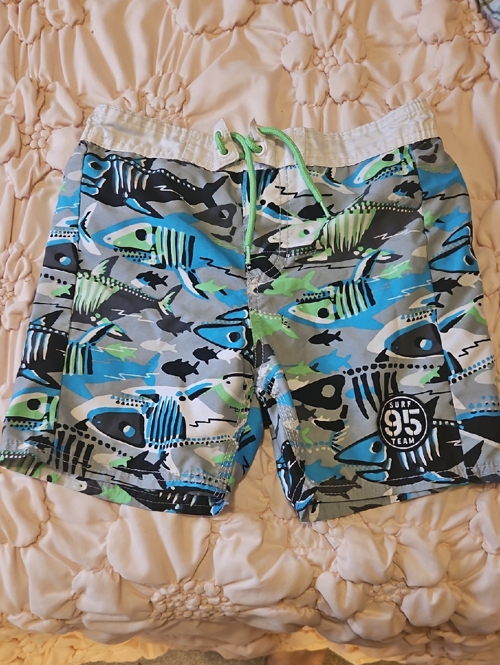 Circo Boys' Swim Shorts in Green, Blue & White with Fish Print